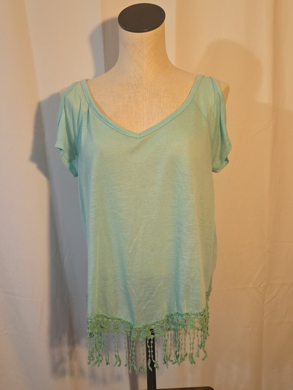 Almost Famous Aqua V-Neck Tunic with Crochet Fringe